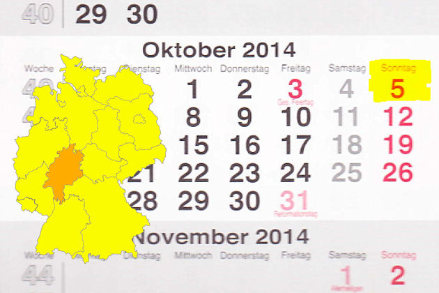 In Hessen laden am 05.10.2014 die Orte Bad Nauheim, Gießen, Groß-Gerau, Hanau und Lindenfels zum verkaufsoffenen Sonntag ein.