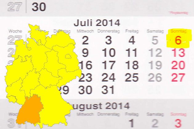 In Baden-Württemberg laden am 06.07.2014 die Orte Adelsheim, Helmstadt-Bargen, Königsfeld, Östringen, St. Georgen, Waldkirch und Wiesloch zum verkaufsoffenen Sonntag ein.