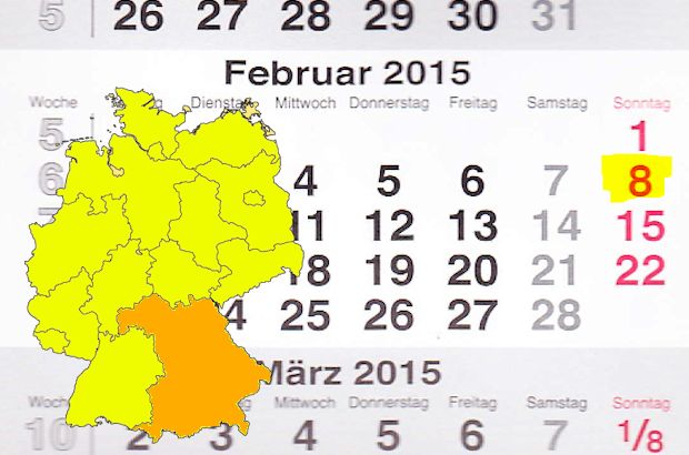 In Bayern laden am 08.02.2015 die Orte Auerbach in der Oberpfalz, Roth, Sulzbach-Rosenberg, Weiherhammer und Weißenburg zum verkaufsoffenen Sonntag ein.