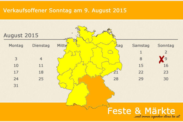 In Bayern laden am 09.08.2015 die Orte Bad Füssing, Marktheidenfeld und Roth (teilweise) zum verkaufsoffenen Sonntag ein.
