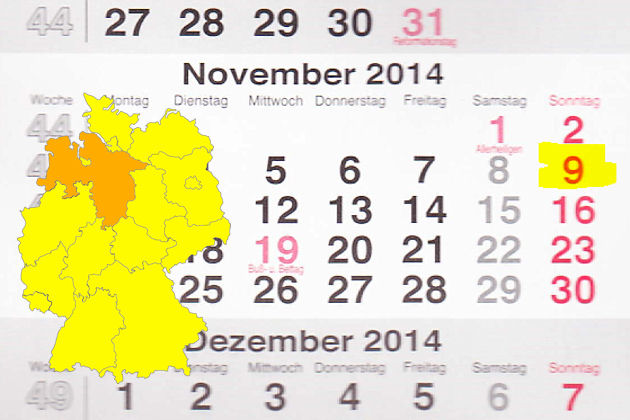 In Niedersachsen laden am 09.11.2014 die Orte Cloppenburg, Duderstadt, Einbeck, Helmstedt, Hessisch Oldendorf, Lehrte, Nordhorn, Visbek, Wolfenbüttel und Zetel zum verkaufsoffenen Sonntag ein.