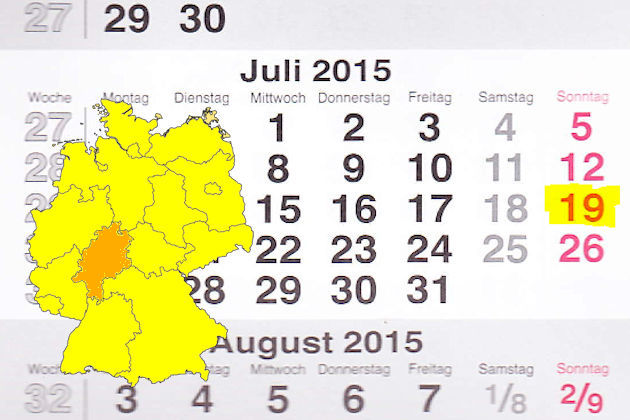 In Hessen laden am 19.07.2015 die Orte Elz, Flörsheim am Main, Geisenheim und Gersfeld (Rhön) (teilweise) zum verkaufsoffenen Sonntag ein.