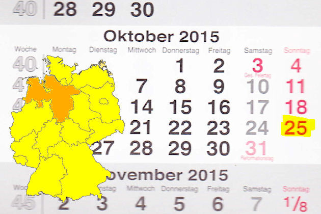 In Niedersachsen laden am 25.10.2015 die Orte Bad Lauterberg im Harz, Esens, Haselünne, Hatten, Ostrhauderfehn, Sarstedt, Seevetal, Syke und Zeven (teilweise) zum verkaufsoffenen Sonntag ein.