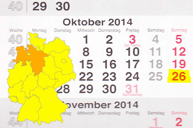 In Niedersachsen laden am 26.10.2014 die Orte Bückeburg, Haselünne, Hatten, Salzhausen, Sarstedt und Soltau zum verkaufsoffenen Sonntag ein.