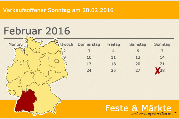In Baden-Württemberg lädt am 28.02.2016 nur Kirchberg an der Jagst zum verkaufsoffenen Sonntag ein.