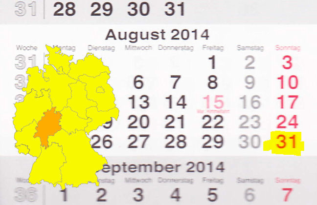 In Hessen laden am 31.08.2014 die Orte Dreieich, Frankfurt (Main), Hadamar und Neukirchen (Knüllgebirge) zum verkaufsoffenen Sonntag ein.