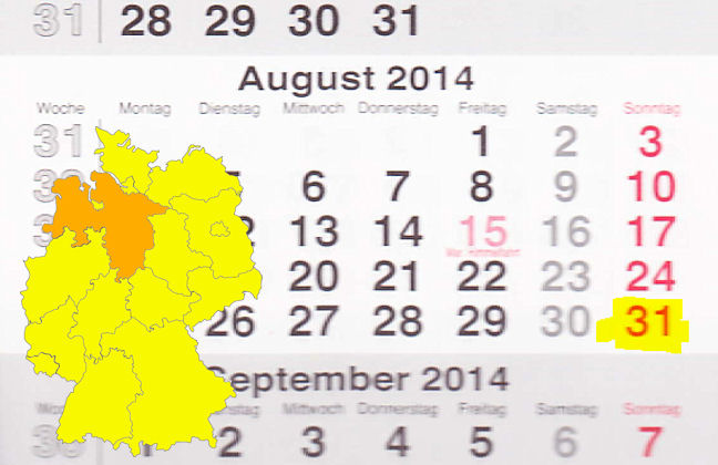 In Niedersachsen laden am 31.08.2014 die Orte Bad Nenndorf, Gronau (Leine), Hannover, Haren (Ems), Langenhagen, Papenburg, Sande, Schöningen und Wolfsburg zum verkaufsoffenen Sonntag ein.