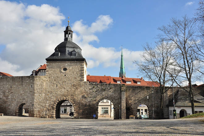Historische Wehranlage mit Frauentor in Mühlhausen/Thüringen.