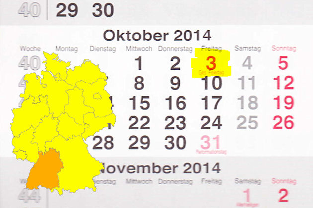In Baden-Württemberg laden am 03.10.2014 die Orte Bad Boll, Calw, Engstingen, Erbach, Giengen an der Brenz, Münsingen, Nattheim, Neuenburg am Rhein und Schrozberg zum verkaufsoffenen Feiertag anlässlich Tag der Deutschen Einheit ein.