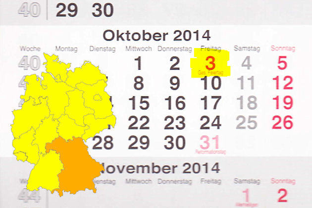 In Bayern laden am 03.10.2014 die Orte Haßfurt, Immenstadt i. Allgäu, Kronach, Michelau in Oberfranken, Oberammergau, Uffenheim zum verkaufsoffenen Feiertag anlässlich Tag der Deutschen Einheit ein.