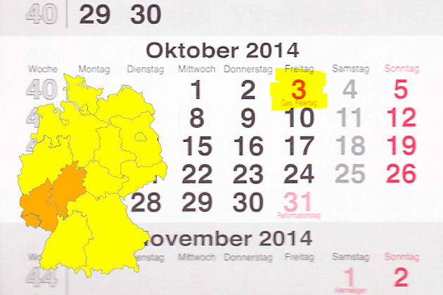 In Hessen lädt am 03.10.2014 Bad Orb zum verkaufsoffenen Feiertag anlässlich Tag der Deutschen Einheit ein. Für Rheinland-Pfalz und das Saarland haben wir leider keine verkaufsoffenen Feiertage gefunden.