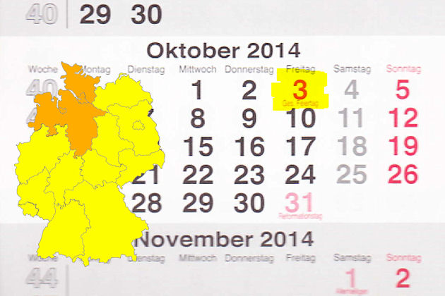 In Niedersachsen laden am 03.10.2014 die Orte Aurich, Lachendorf, Langenhagen, Leer, Papenburg, Visselhövede und Wolfsburg zum verkaufsoffenen Feiertag anlässlich Tag der Deutschen Einheit ein. Außerdem öffnen die Geschäfte in Schleswig-Holstein in N