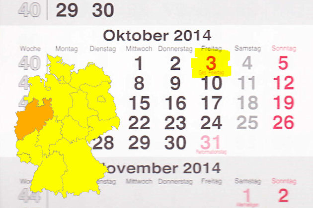 In Nordrhein-Westfalen laden am 03.10.2014 die Orte Burgsteinfurt, Dorsten, Hattingen, Issum, Oelde, Möhnesee, Nordkirchen und Sonsbeck zum verkaufsoffenen Feiertag anlässlich Tag der Deutschen Einheit ein.