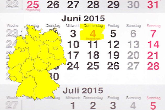 Fronleichnam ist nur in einigen Bundesländern gesetzlicher Feiertag. In NRW gibt es in Erftstadt-Lechenich und Hattingen verkaufsoffene Feiertage am 04.06.2015, außerdem in Hofgeismar in Hessen.