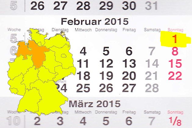 In Niedersachsen laden am 01.02.2015 die Orte Bad Iburg, Braunschweig, Celle, Geestland, Hannover, Ovelgönne, Rinteln, Schortens und Wallenhorst zum verkaufsoffenen Sonntag ein.