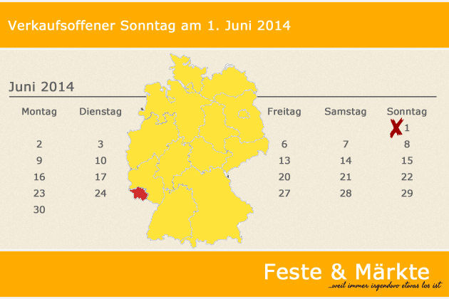 Im Saarland laden am 01.06.2014 die Orte Blieskastel, Homburg (Saar), Ottweiler und Schmelz zum verkaufsoffenen Sonntag ein.