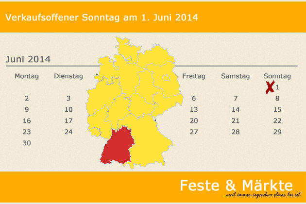 In Baden-Württemberg laden am 01.06.2014 die Orte Eberbach, Endingen am Kaiserstuhl, Hornberg, Kandern, Kehl, Korntal-Münchingen, Lauterbach im Schwarzwald, Lorch (Württemberg), Ludwigsburg-Neckarweihingen, Rheinfelden (Baden), Sinsheim und Stuttgart-Z