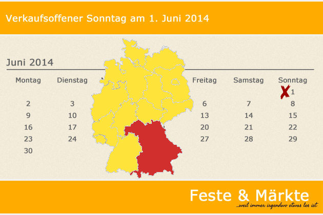 In Bayern laden am 01.06.2014 die Orte Bad Brückenau, Bischofsheim a.d.Rhön, Dachau, Dießen am Ammersse, Dingolfing, Falkenstein (Oberpfalz), Feuchtwangen, Hilpoltstein, Ichenhausen, Illertissen, Kaufbeuren, Landshut, Poing, Roth und Wolfratshausen zum