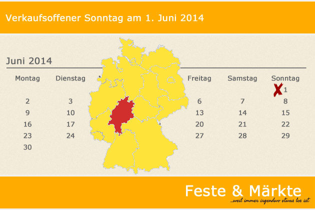 In Hessen laden am 01.06.2014 die Orte Bad Alsfeld, Bad Homburg v. d. Höhe, Grünberg (Hessen), Herborn, Lampertheim, Langenselbold, Oestrich-Winkel und Offenbach am Main zum verkaufsoffenen Sonntag ein.