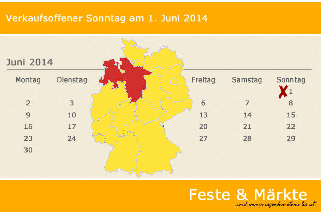 In Niedersachsen laden am 01.06.2014 die Orte Bad Bederkesa, Bad Iburg, Bückeburg, Delmenhorst, Drochtersen, Emden, Haselünne, Holdorf, Papenburg, Soltau und Wolfsburg zum verkaufsoffenen Sonntag ein.