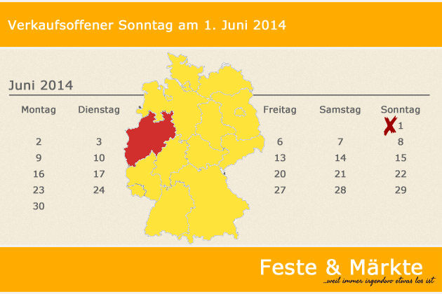 In Nordrhein-Westfalen laden am 01.06.2014 die Orte Arnsberg, Bad Godesberg, Bad Honnef, Beckum-Neubeckum, Brakel, Bönen, Dorsten, Dortmund, Duisburg, Ennigerloh, Erwitte, Frechen, Gelsenkirchen, Gevelsberg, Haltern am See, Heinsberg, Herne, Herzogenrath