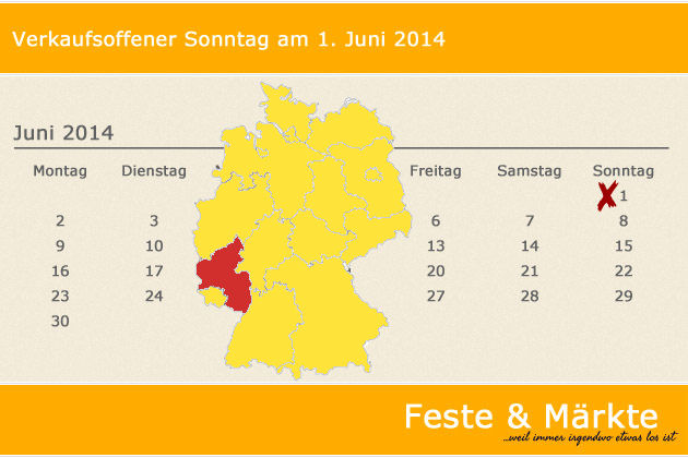 In Rheinland-Pfalz laden am 01.06.2014 die Orte Bad Dürkheim, Eisenberg/Pfalz, Idar-Oberstein, Maikammer, Nieder-Olm, Schifferstadt und Weisenheim am Berg zum verkaufsoffenen Sonntag ein.