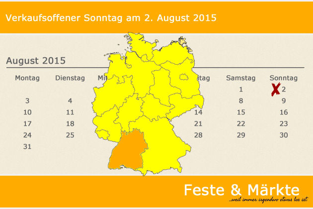 In Baden-Württemberg laden am 02.08.2015 die Orte Häusern und Tübingen (teilweise) zum verkaufsoffenen Sonntag ein.