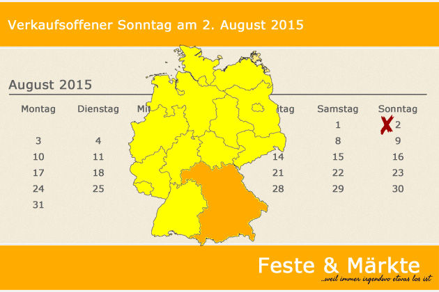 In Bayern laden am 02.08.2015 die Orte Ansbach, Dietfurt, Herzogenaurach, Selb und Unterhaching (teilweise) zum verkaufsoffenen Sonntag ein.