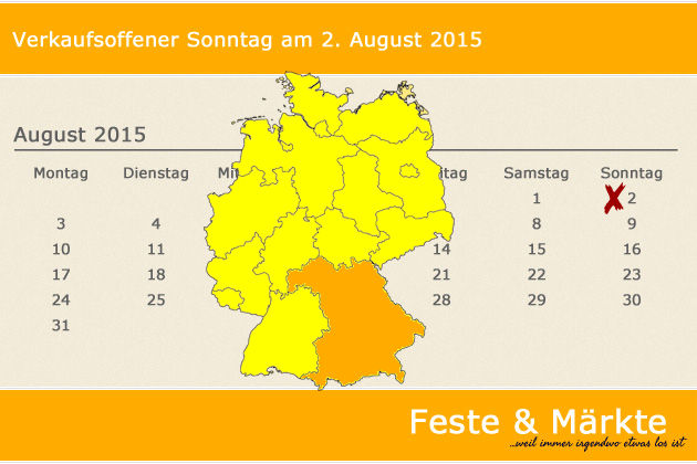 In Bayern laden am 02.08.2015 die Orte Ansbach, Dietfurt, Herzogenaurach, Selb und Unterhaching (teilweise) zum verkaufsoffenen Sonntag ein.