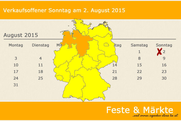 In Niedersachsen laden am 02.08.2015 die Orte Bad Iburg, Bergen (Landkreis Celle), Brake, Bückeburg, Celle, Goslar, Stade, Uelsen, Wilhelmshaven und Wolfsburg (teilweise) zum verkaufsoffenen Sonntag ein.