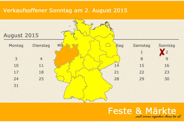 In Nordrhein-Westfalen laden am 02.08.2015 die Orte Altena, Brakel, Haltern am See, Königswinter, Münster, Paderborn und Rhede (teilweise) zum verkaufsoffenen Sonntag ein.