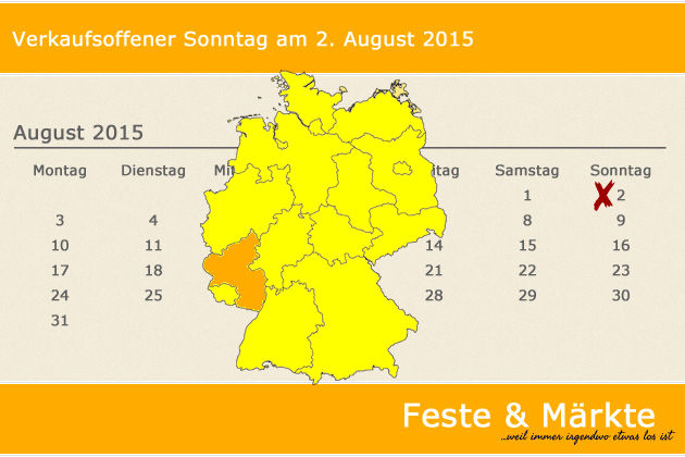 In Rheinland-Pfalz laden am 02.08.2015 die Orte Idar-Oberstein und Zweibrücken (teilweise) zum verkaufsoffenen Sonntag ein.