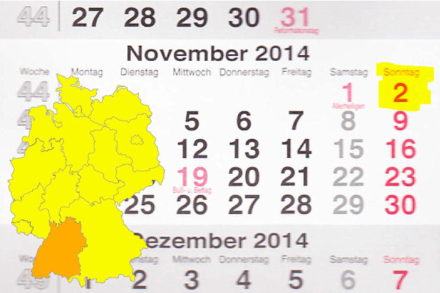 In Baden-Württemberg laden am 02.11.2014 die Orte Baden-Baden, Biberach, Kirchheim unter Teck, Künzelsau, Lahr/Schwarzwald, Neckartenzlingen, Pforzheim, Reichenbach a. d. Fils, Stuttgart, Villingen-Schwenningen, Waiblingen, Wertheim und Wolfach zum verk