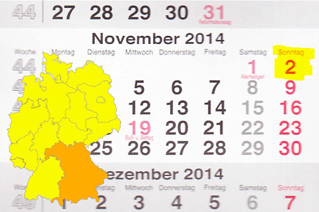 In Bayern laden am 02.11.2014 die Orte Altdorf bei Nürnberg, Altötting, Auerbach in der Oberpfalz, Bad Neustadt, Burgau, Großwallstadt, Regen, Treuchtlingen, Wassertrüdingen und Wemding zum verkaufsoffenen Sonntag ein.