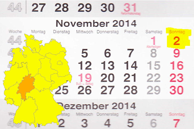 In Hessen laden am 02.11.2014 die Orte Alsfeld, Dillenburg, Gelnhausen, Gießen, Korbach, Lauterbach (Hessen), Schwalmstadt und Trebur zum verkaufsoffenen Sonntag ein.