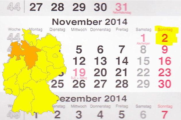 In Niedersachsen laden am 02.11.2014 die Orte Bad Pyrmont, Braunschweig, Buchholz in der Nordheide, Buxtehude, Celle, Emden, Goslar, Hannover, Lüneburg, Oldenburg, Osnabrück, Peine und Rinteln zum verkaufsoffenen Sonntag ein.