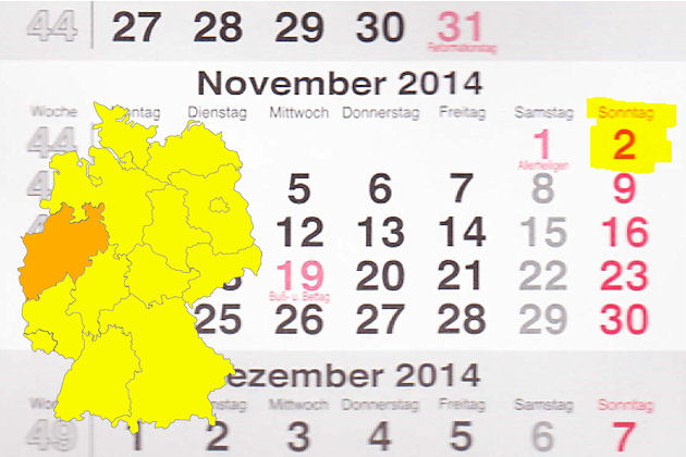 In Nordrhein-Westfalen laden am 02.11.2014 die Orte Aachen, Bedburg-Hau, Bocholt, Bochum, Bonn, Bornheim (Rhein), Dortmund, Gelsenkirchen, Gütersloh, Hagen, Haltern am See, Herne, Hilden, Hückeswagen, Issum, Köln, Leverkusen, Minden, Mönchengladbach, 