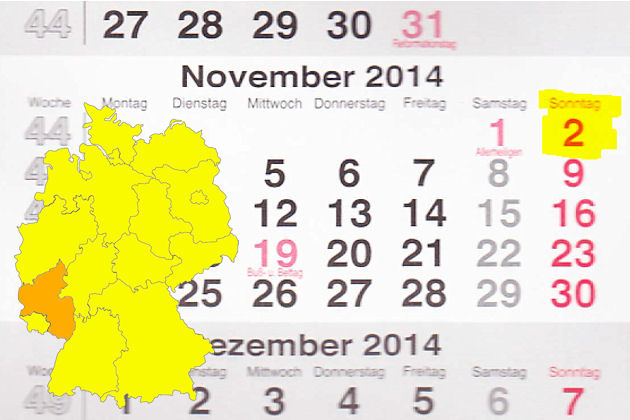 In Rheinland-Pfalz laden am 02.11.2014 die Orte Koblenz, Kusel, Ludwigshafen, Neustadt an der Weinstraße und Speicher zum verkaufsoffenen Sonntag ein.