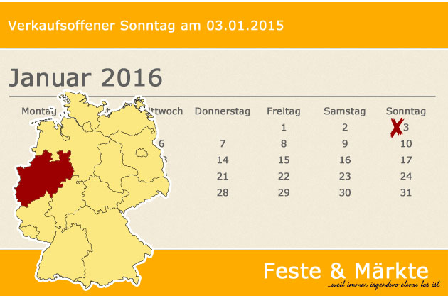 In Nordrhein-Westfalen laden am 03.01.2016 die Orte Bünde, Haltern am See, Hennef (Sieg), Krefeld, Lüdinghausen, Mülheim an der Ruhr, Oberhausen, Porta Westfalica und Vreden zum verkaufsoffenen Sonntag ein.