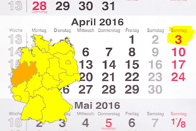 In Nordrhein-Westfalen laden am 03.04.2016 die Orte Ascheberg, Bad Berleburg, Bad Driburg, Bad Salzuflen, Beckum, Bielefeld, Bochum, Bonn, Castrop-Rauxel, Detmold, Dinslaken, Dormagen, Duisburg, Essen, Fröndenberg, Gelsenkirchen, Gescher, Greven, Haltern