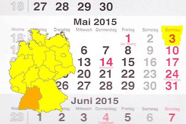 In Baden-Württemberg laden am 03.05.2015 die Blaubeuren, Buchen (Odenwald), Donaueschingen, Eppingen, Fellbach, Hambrücken, Markdorf, Münsingen, Nagold, Oberkirch, Pforzheim, Rastatt, Schwäbisch Hall, Staufen im Breisgau, Waldshut-Tiengen, Weinstadt u