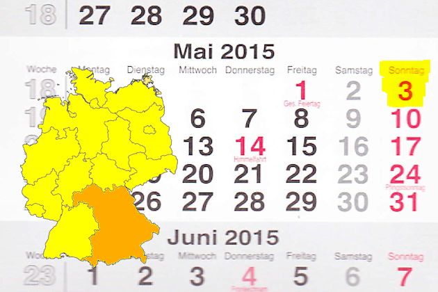 In Bayern laden am 03.05.2015 die Orte Alzenau, Arnstein, Arzberg, Augsburg, Berchtesgarden, Erding, Gemünden, Günzburg, Kulmbach, Neufahrn b. Freising, Olching, Pegnitz, Pfaffenhofen an der Ilm, Regenstauf, Spalt und Wörth a. d. Donau zum verkaufsoffe