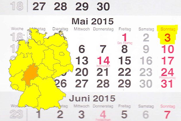 In Hessen laden am 03.05.2015 die Orte Bad Schwalbach, Bensheim, Egelsbach, Friedberg (Hessen), Limburg a. d. Lahn, Rüsselsheim, Schwalmstadt und Stadtallendorf zum verkaufsoffenen Sonntag ein.