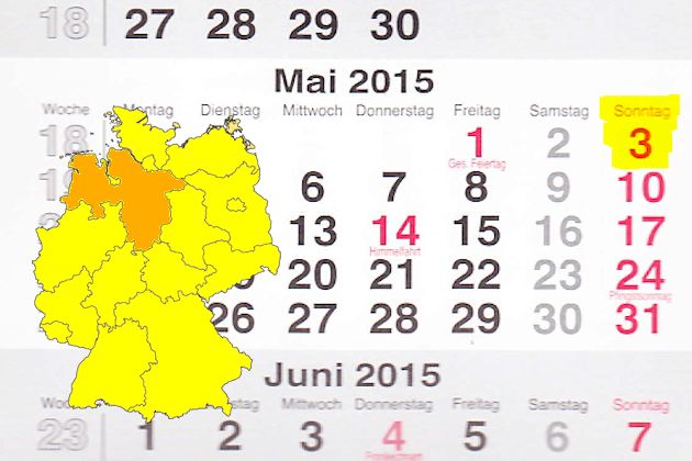 In Niedersachsen laden am 03.05.2015 die Orte Bad Münder, Bückeburg, Buxtehude, Celle, Duderstadt, Esterwegen, Georgsmarienhütte, Gifhorn, Leer, Lingen (Ems), Osterode, Rinteln, Sarstedt, Verden (Aller), Westerstede, Wilhelmshaven, Winsen (Luhe) , Wolf