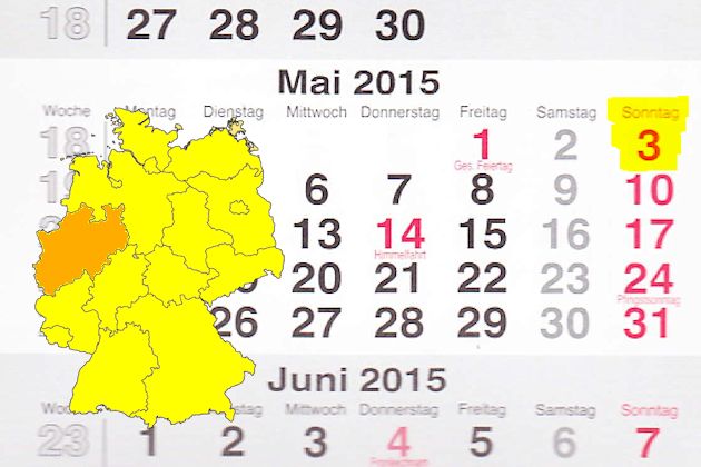 In Nordrhein-Westfalen laden am 03.05.2015 die Orte Aachen, Ahlen, Bad Berleburg, Bad Münstereifel, Bergisch Gladbach, Bergkamen, Bochum, Bottrop, Coesfeld, Dinslaken, Dorsten, Dortmund, Duisburg, Elsdorf (Rheinland), Erkelenz, Gladbeck, Goch, Gronau, G