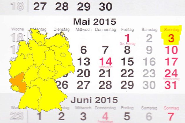 In Rheinland-Pfalz laden am 03.05.2015 die Orte Altenkirchen (Westerwald), Haßloch, Ingelheim am Rhein, Katzweiler, Neustadt an der Weinstraße und Speyer zum verkaufsoffenen Sonntag ein.