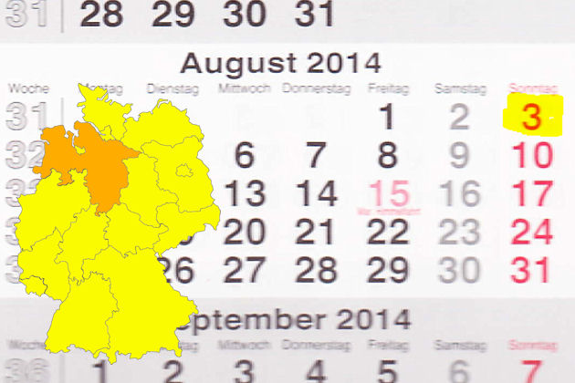 In Niedersachsen laden am 03.08.2014 die Orte Bad Iburg, Bückeburg, Goslar, Papenburg, Uelsen, Wildeshausen und Wilhelmshaven ein.