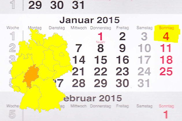 In Hessen laden am 04.01.2015 die Orte Eschborn und Petersberg (Hessen) zum verkaufsoffenen Sonntag ein.