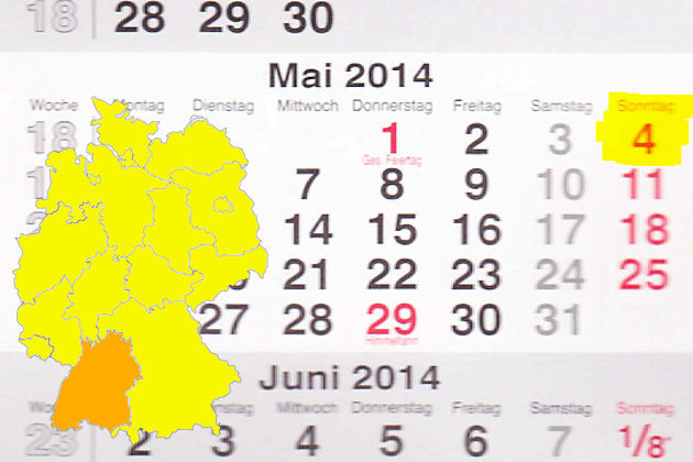 In Baden-Württemberg laden am 04.05.2014 die Orte Baden-Baden, Buchen (Odenwald), Donaueschingen, Kuppenheim, Ludwigsburg, Meßstetten, Münsingen, Schwäbisch Hall, Stuttgart (eingeschränkt), Waiblingen und Wolfach zum verkaufsoffenen Sonntag ein.