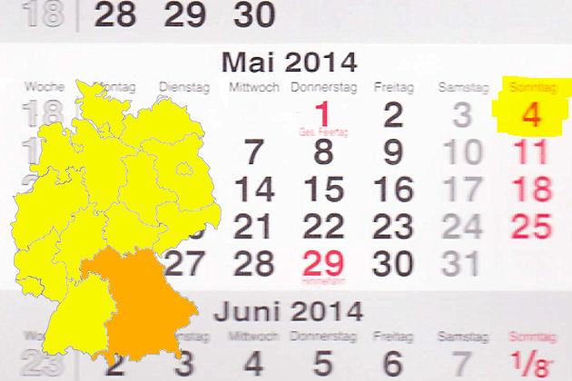 Im Freistaat Bayern laden am 04.05.2014 die Orte Amorbach, Augsburg, Bad Kissingen, Berchtesgarden, Greding, Haßfurt, Marktheidenfeld, Oberkotzau, Olching, Regenstauf, Waldkraiburg und Wunsiedel zum verkaufsoffenen Sonntag ein.